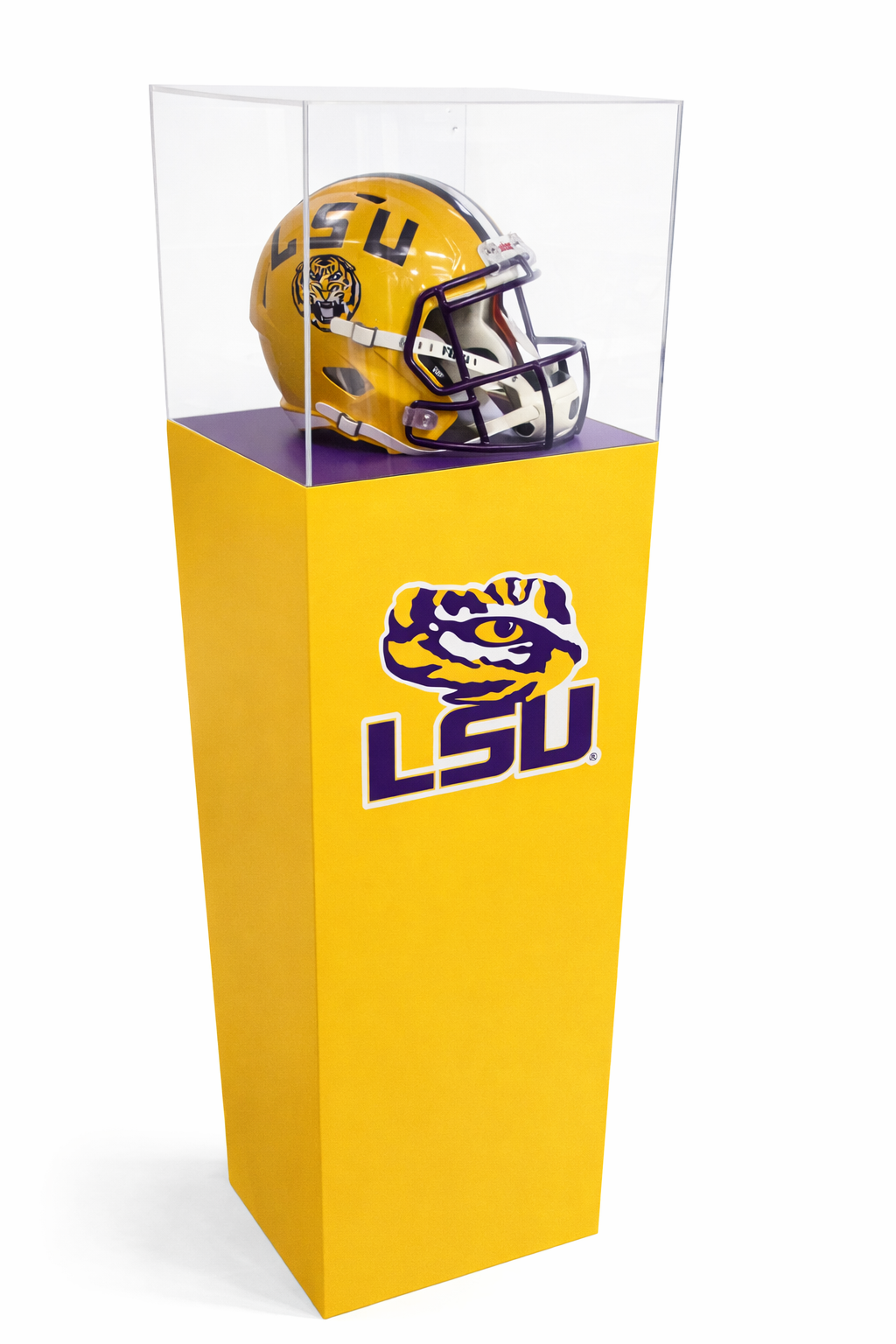 LSU College Memorabilia Display Pedestal with an official LSU football helmet